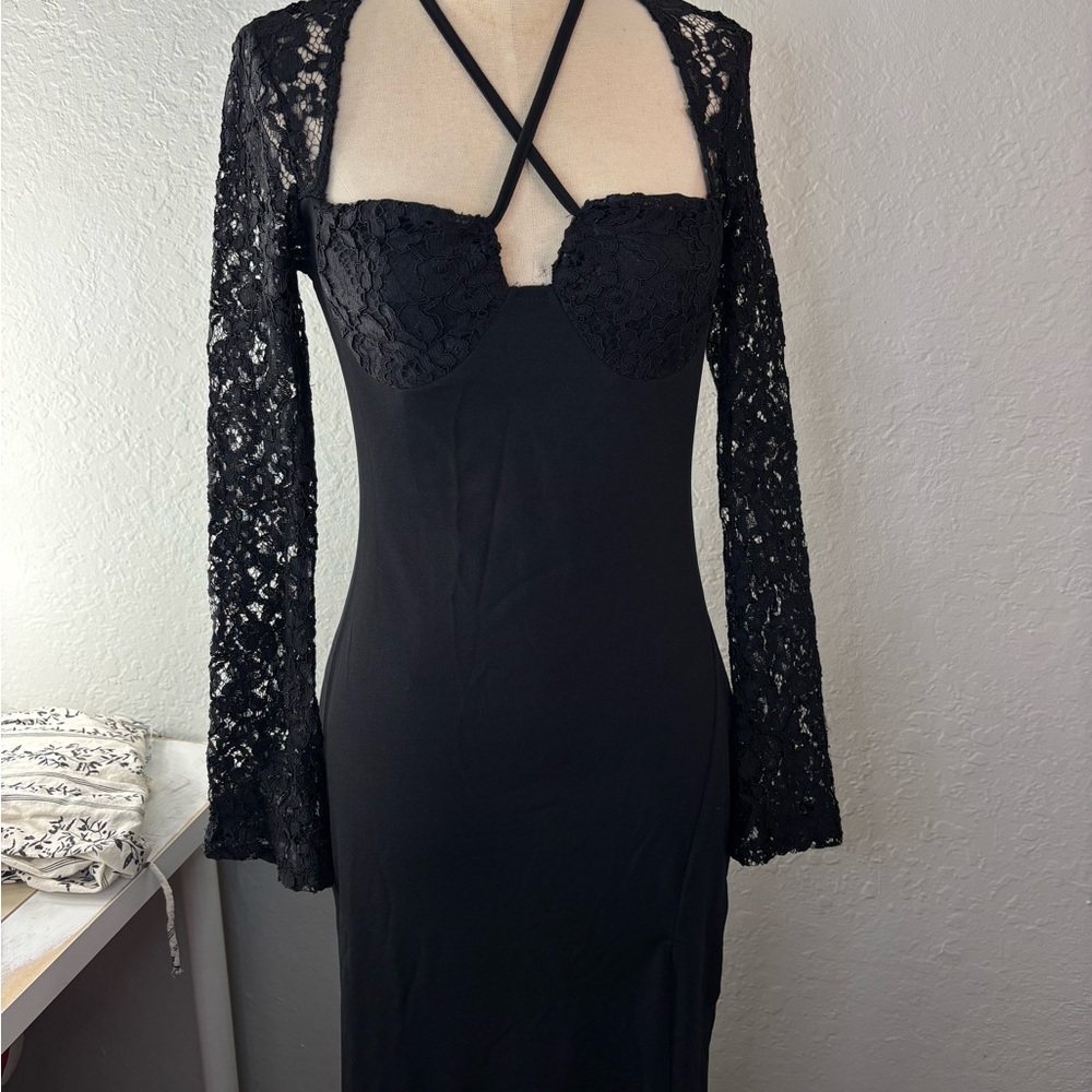 Black Lace Halter Dress - Picture 2 of 7